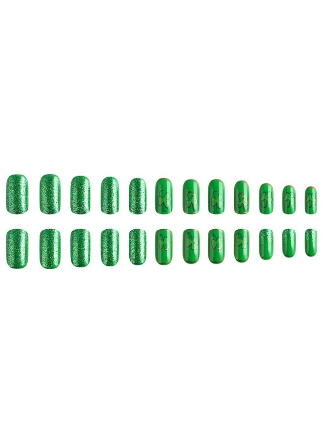 OSTTMA 24Pcs St. Patrick's Day Press on Nails Short Square Fake Nails Green Shamrock False Nail with Glitter Clover Shamrocks Glue on Nail Reusable Acrylic Stick on Nails for Women DIY Manicure - Image 5